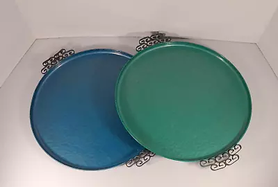 2 Vtg MCM Moire Glaze Kyes Serving Tray Round W/ Handles Turquoise Green • $24.95
