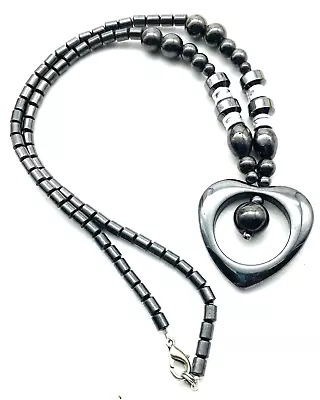 Hematite Open Heart Medallion Necklace Silver Tone Magnetic Love Promise Faith • $7.49