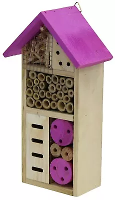 Wooden Insect Bee House Hotel Wood Roof Attract Insects & Bees To Garden Purple • £13.99