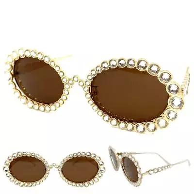 Classy Elegant Modern Retro Style SUN GLASSES Gold Oval Frame Sparkling Crystals • $14.99