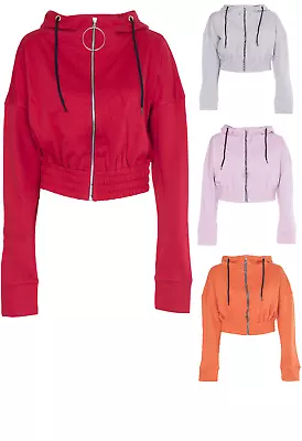 Womens Ladies O-Ring Front Zip Crop Hoodie Plain Cropped Pullover Sweatshirt Top • £8.90
