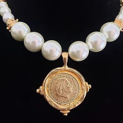 Vintage Necklace Coin Look Faux Pearl Collectible Jewelry Costume Jewelry Retro  • $26