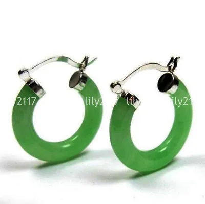 New Pair Natural Green Jade 925 Sterling Silver Hook Hoop Dangle Earrings AAA • $8.09