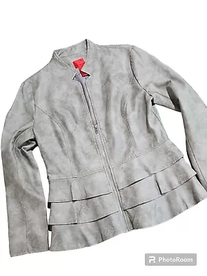 V Cristina Women's Gray Faux Leather Moto Jacket Size Med  Ruffle Hem Zip Up • $20