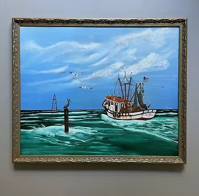 Large Vintage Oil Painting On Canvas Seascape Fishing Boat Framed 36”x 30” • $119