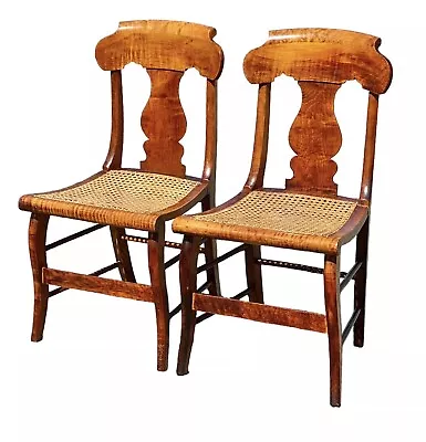 Antique Pair Of Tiger Maple & Bird's Eye Maple Side Chairs With Cane Seats • $1275