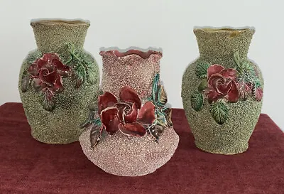 3 Unusual Roughcast Vases With Raised Rose Detail  • £5