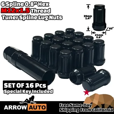 $18.99 • Buy 16x 1.4  Black M12x1.5 Spline Tuner Lug Nuts And Key Fit Acura Honda