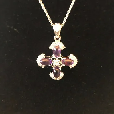 $34.99 • Buy .925 Sterling Silver ESPO Crusader Cross 18'' Necklace Pendant W/Amethyst & CZ