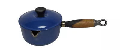 Vintage Le Creuset #14 Cast Iron Enamel Blue Sauce Pan &Lid Wooden Handle France • $38