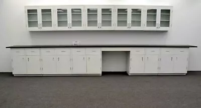 17' Base & 15' Upper Laboratory Cabinet Group W/ Tops & Desk Area / E1-185 • $9720