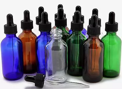 12 Pack  Assorted Colors 2 Oz Glass Bottles With Glass Eye Droppers • $15.48