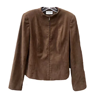 VTG Gianni Jacket Brown Faux Suede Zip Fitted Cropped USA Mock Collar Lined 10 • $24.99