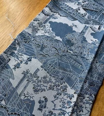 Vintage Japanese Kimono Fabric Piece - 100% Silk Chirimen Crepe - Blue Scenery • £15