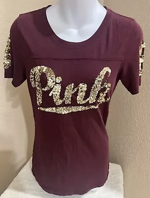 Victoria Secret PINK #86 Burgundy Gold Sequin Bling Sparkle Logo T-shirt Size-S • $12.74