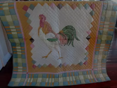 Vintage Handmade ROOSTER QUILT ~ Signed LE COQ ~ 52 Sq  ~ Rose Green White Pink • $50