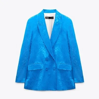 ZARA Women Double Breasted Blue Leopard Jacquard Blazer Long Sleeve Size Small • $97.30