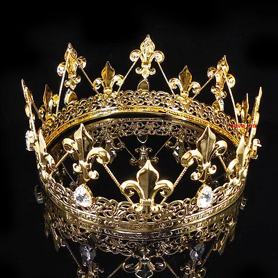 Men's Imperial Medieval Fleur De Lis Gold King Metal Crown 8cm Tall 56.5cm Circ • $28.49