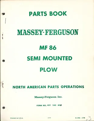 Massey Ferguson MF 86 Semi Mounted Plow Parts Book Catalog • $14