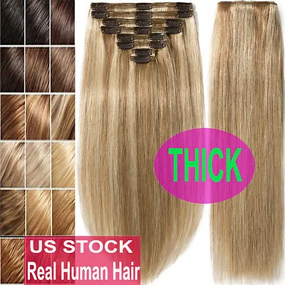 Thick Double Weft Clip In Real Remy Human Hair Extensions Full Head Highlight US • $40.19