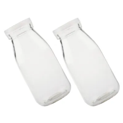  2 Pcs Glass Containers With Lids Beverage Fresh Milk Bottle Round • £16.55