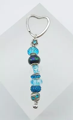 £5.50 • Buy  Pandora / Murano Style  Bead Keyring - Turquoise Crystal Beads Heart Keyring 