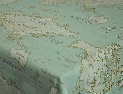 Fryetts World Map Duckegg Cotton PVC Fabric WIPE CLEAN Tablecloth Oilcloth • £79.95