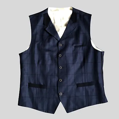 Vintage Gibson London Waistcoat Mens 46 Blue Wool Linen Check Vest Wedding Suit • £44.23