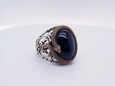 Men's Turkish Sterling Silver Handmade Agate Black Stone Snake Ring Sz 11 • $50.05