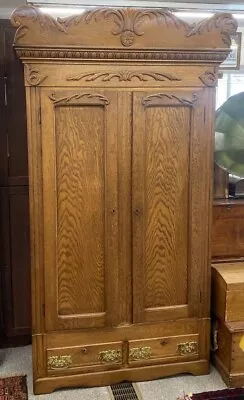 Large Antique Oak Armoire Wardrobe W/ 2 Drawers And Removable Carving  • $1495