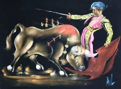 Black Velvet Painting Matador Bull Fighting Vintage Framed Painting Signed AL • $44.50