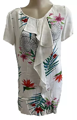 Desigual Dress Size 40 AU M White Floral Frill On The Front • $35