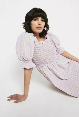 Warehouse Gingham Smocked Puffed Sleeve Midi Dress Size 14 Pink/mauve/cream • £11.50