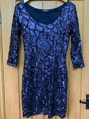 Ladies Size 8 Purple Sequinned 3/4 Sleeve Party/cocktail Dress Cotton Club • £3.99