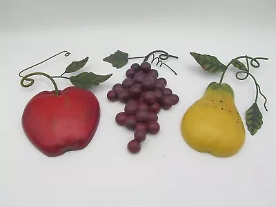 Fruit Chalkware Wall Plaques Set Of Three Apple Grapes Pear Mcm Era Design! • $12.95