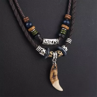 Men's Bohemia  Wolf Tooth Cross Pendant Leather Beaded Weaved Necklace Jewelry • $3.08