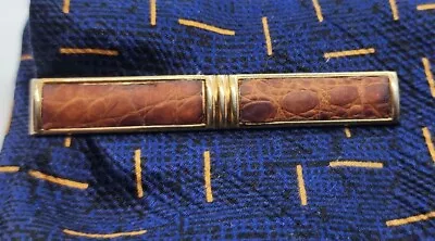 Vintage SWANK Gold Tone Wide TIE BAR CLIP CLASP STAY One Piece Alligator LEATHER • $14.99