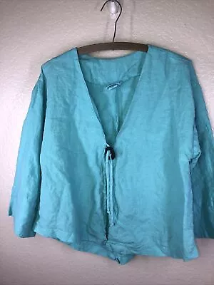 Habitat Women's Small 100% Linen Aqua Blue Button Front Lagenlook Jacket Top  • $14.99