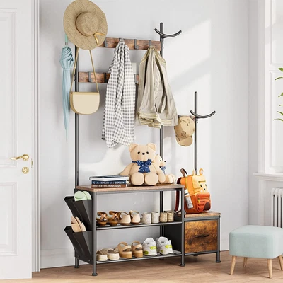 $89.99 • Buy Entryway Bench With Coat Rack Parent-Child Hall Tree Shoe Storage 4-in-1 Rustic