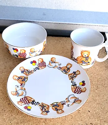 CHILD'S DISH SET TEDDY BEARS & TOYS 1 PLATE 1 BOWL 1 Cup Vintage Ceramic • $24.99