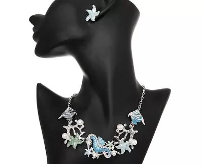 New Starfish Sea Shell Seahorse Necklace And Earring Set Green Blues Beach Boho • $39