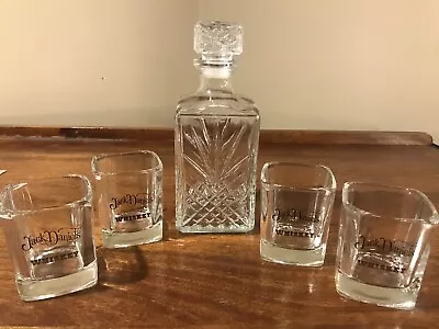 BAR SET Jack Daniels Whiskey Square Low Ball Rock Decanter W/ 4 LOW BALL Glasses • £19.26