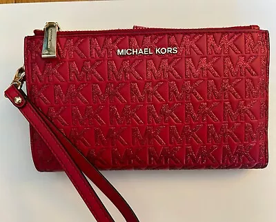 Michael Kors Jet Set Red Sparkle Glitter Wristlet Double Zip Wallet • $60