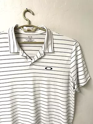 Oakley Polo Golf Shirt Men XL 48X30 White Striped Short Slv Lightwt Stretch EUC • $17.58