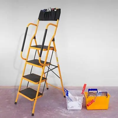 4 Step Folding Ladder With Handrails & ToolBag / Non-Slip Side Armrests For Home • $74.99