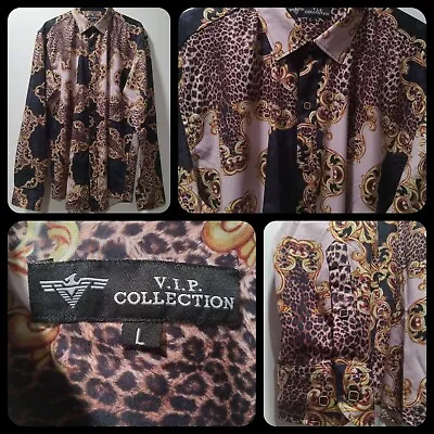 V.I.P Collection Men´s Barocco Button-Up Shirt Black Gold Animal Print Size L • $15.99