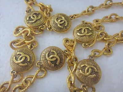 CHANEL Necklace AUTH Coco Chain CC Rare Gold Vintage LOGO Medal Coin 90cm GP • $2161.24