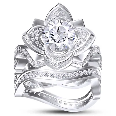 $224.82 • Buy Lotus Wedding Ring Set Simulated Diamond 14k White Gold Plated Sterling Silver