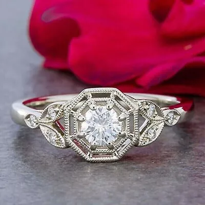 Vintage Filigree Lab Created Diamond Engagement 14K WhiteGold FN 925 Silver Ring • $75