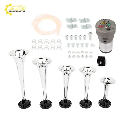 For Car Truck Silver La Cucaracha 12V Loud 130dB 5 Trumpet Musical Air Horn Kit • $38.19